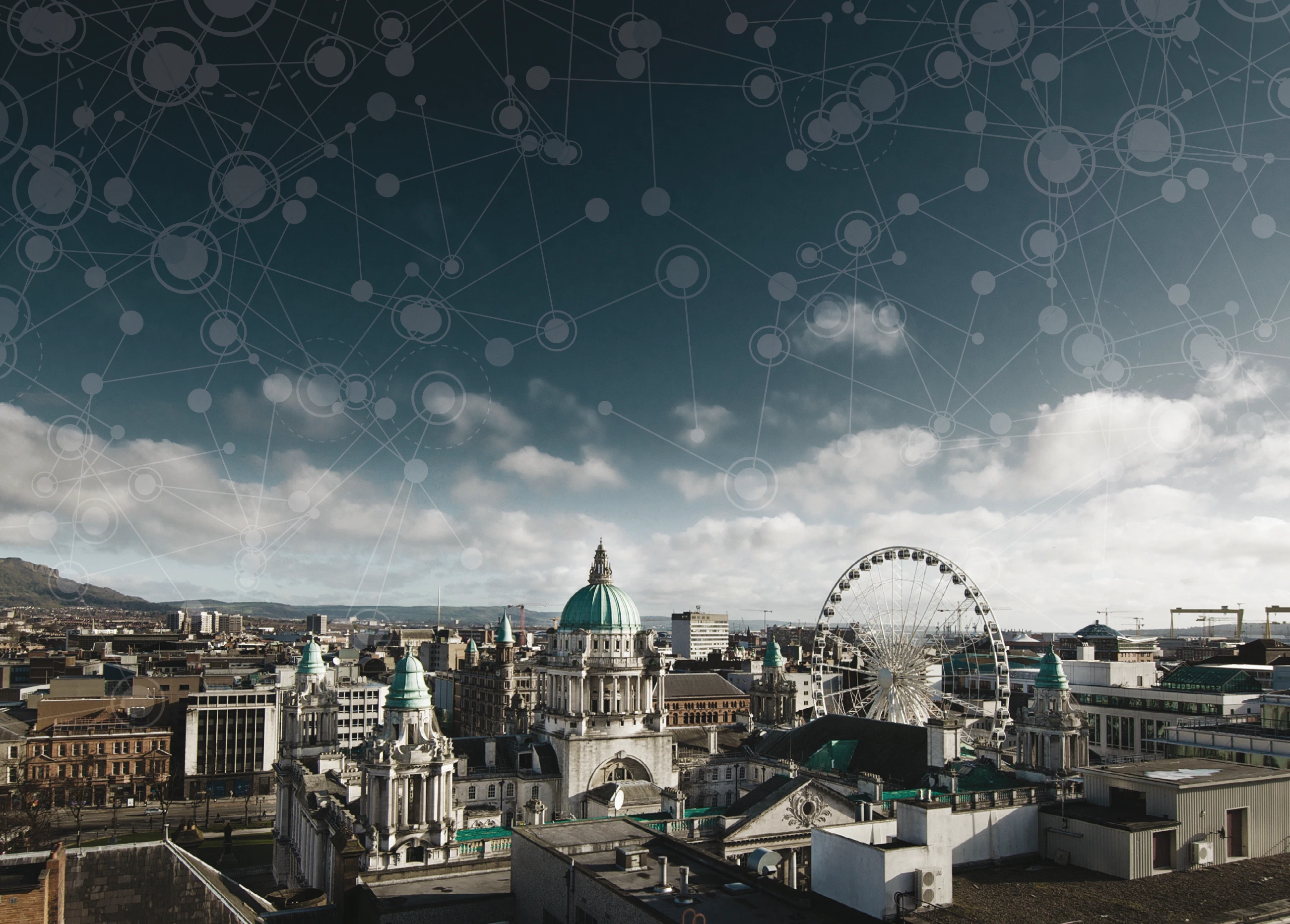 Belfast city centre beneath an interconnected network pattern